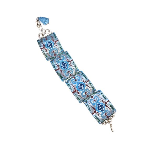 Enamel Link Bracelet Blue Red Embossed Pebble Silver-Tone Adjustable 7-8.5 Inch - Picture 1 of 7